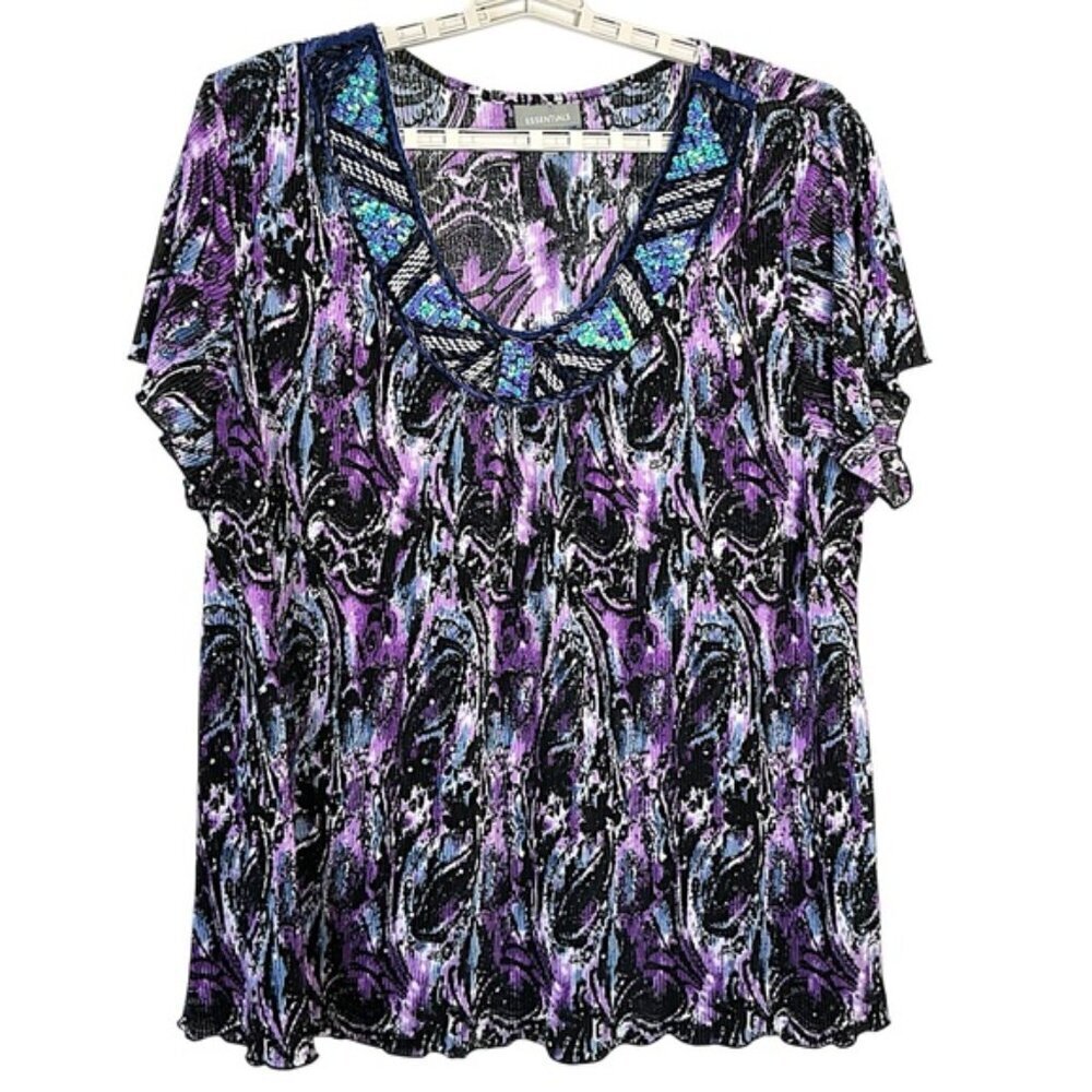 Essentials Sequin Top Beaded Flutter Sleeve Pullover Blouse Purple Teal Plus 3X - Picture 1 of 15